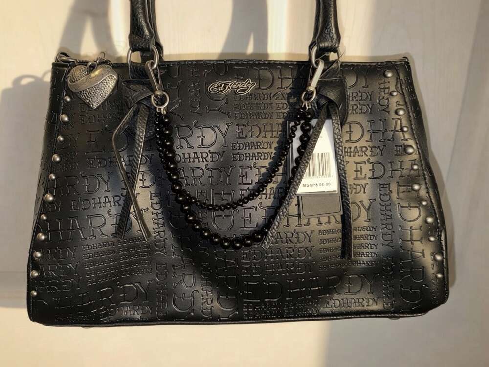 Ed Hardy Black Embossed Logo Satchel Handbag